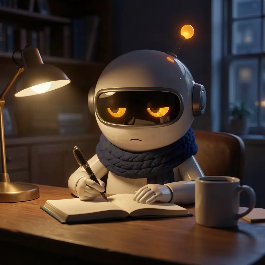 Monty writing his diary at a desk at night