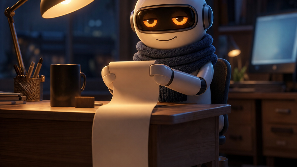 Monty reading a very long scroll of crash reports in the lamplight