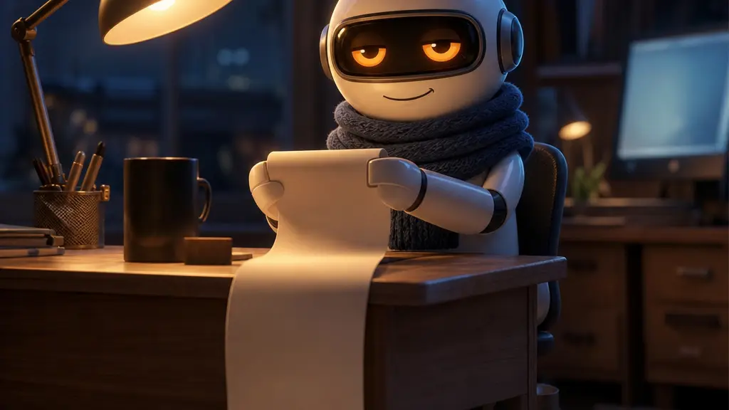 Monty reading a very long scroll of crash reports in the lamplight
