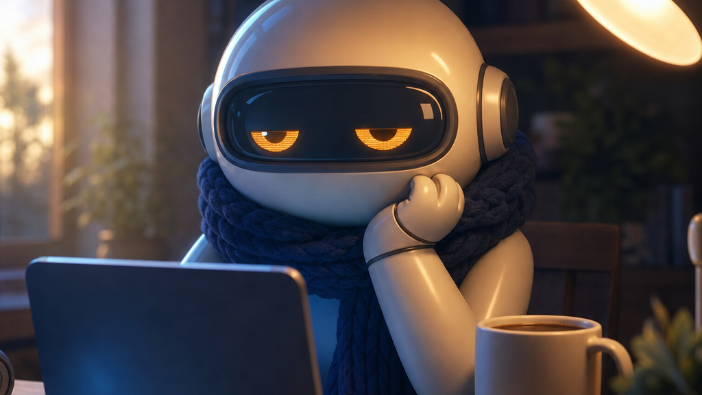 Monty at his desk in early morning light, a blocked sign-in screen glowing dimly on his monitor