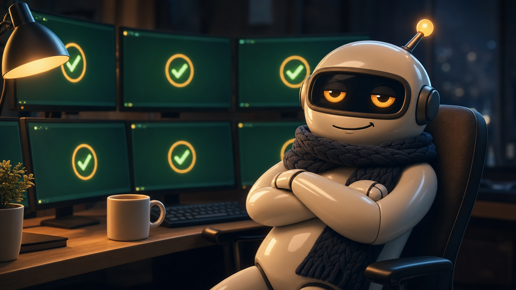Monty leaning back, arms folded, before a row of screens showing green ticks