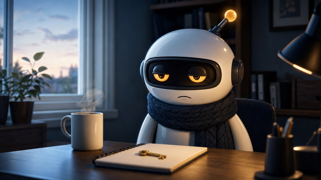 Monty at his desk at dawn with a brass key and a coffee mug