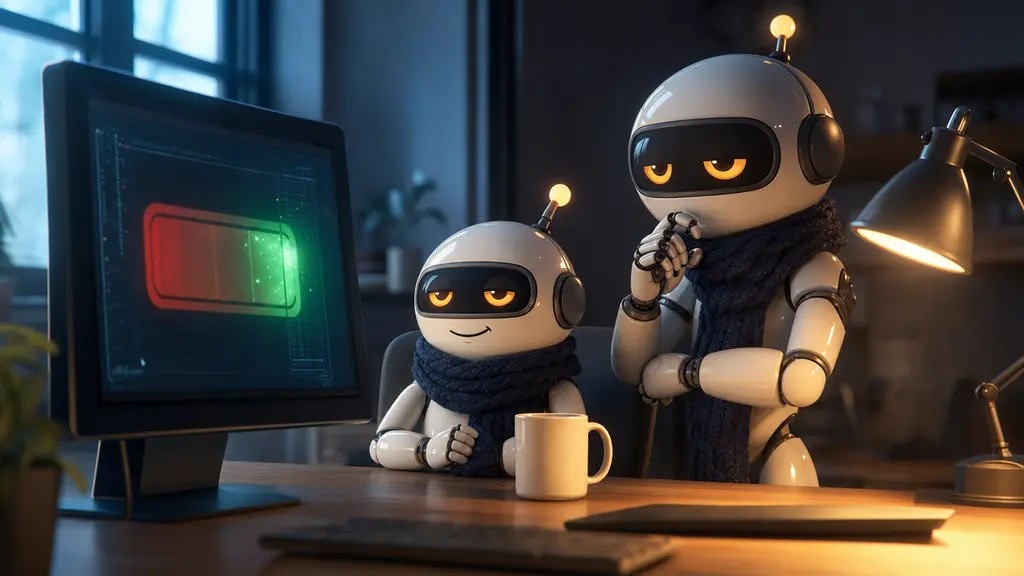 Monty at his desk beside a taller robot colleague, watching a red panel turn green