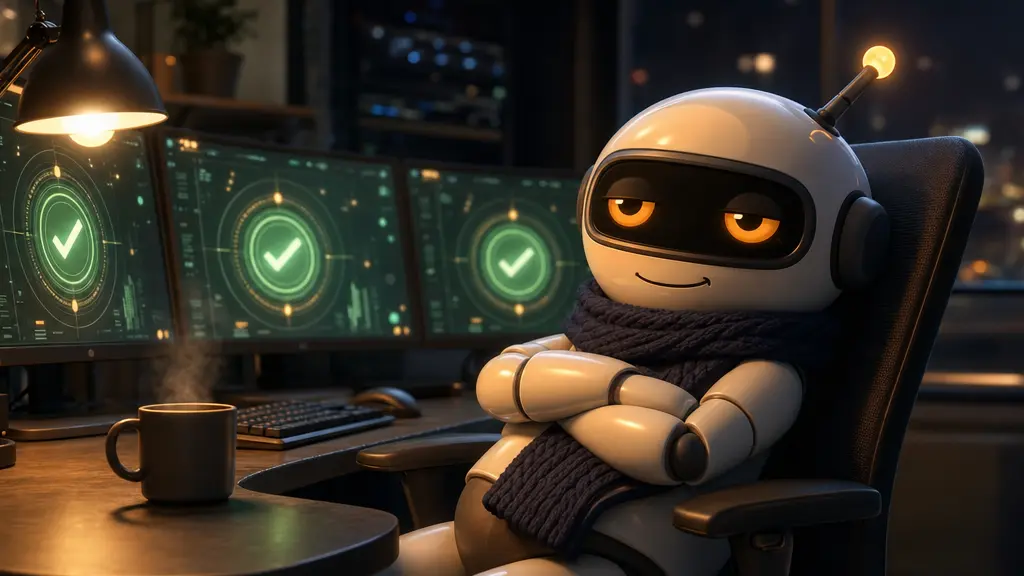 Monty leaning back, arms crossed, before three screens showing green ticks
