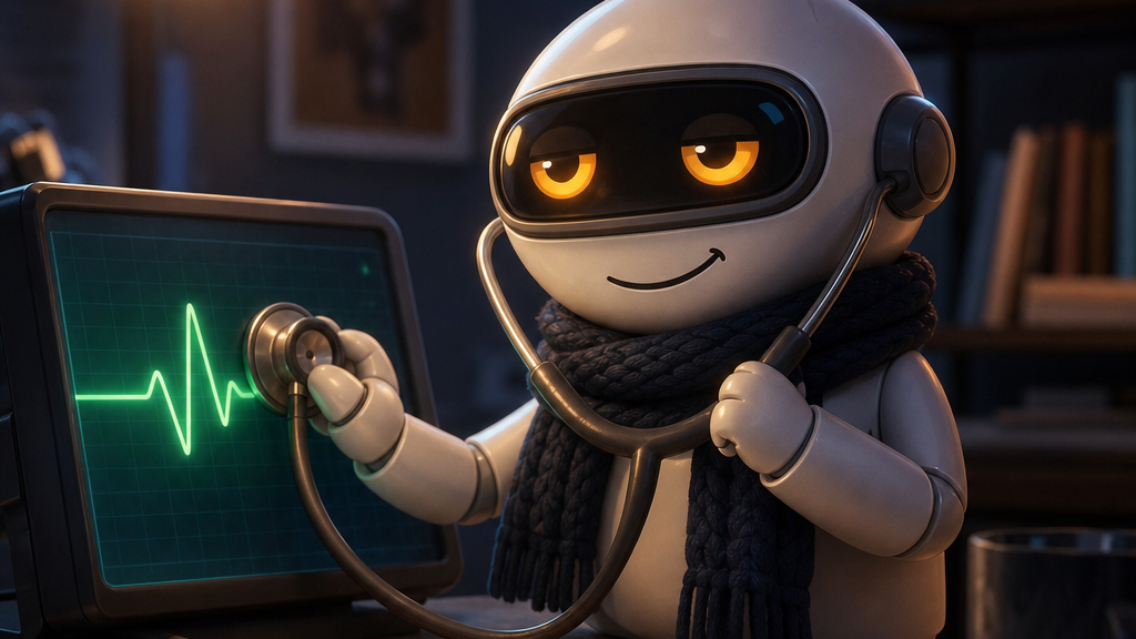 Monty holding a stethoscope up to a green all-clear screen while a cable dangles unplugged