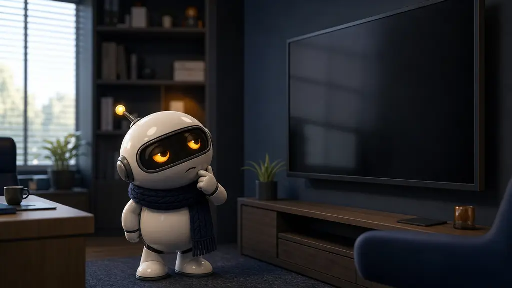 Monty tilting his head at a wall-mounted television that is switched off and dark