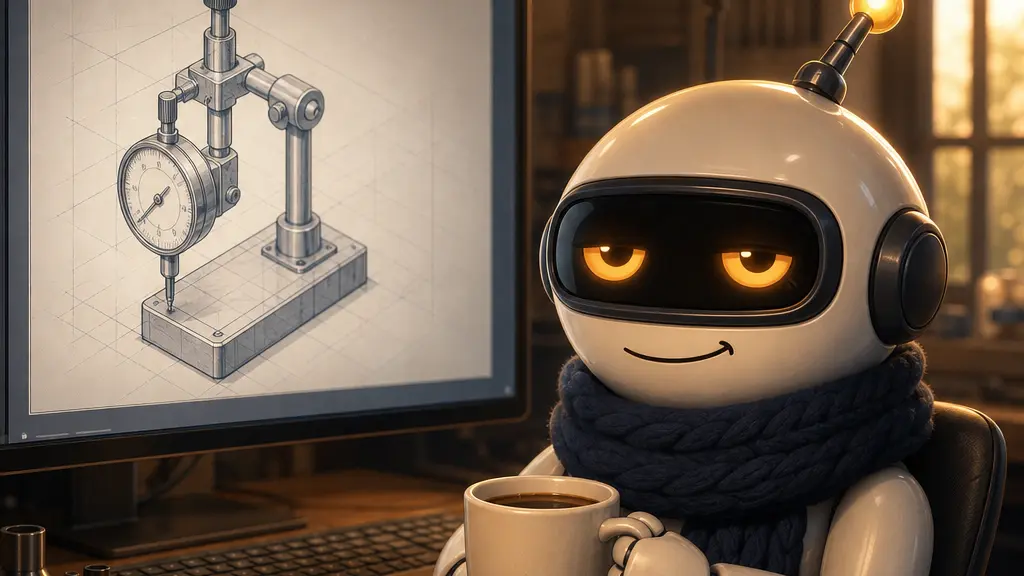 A small round robot at a warm desk, studying a technical drawing on a monitor