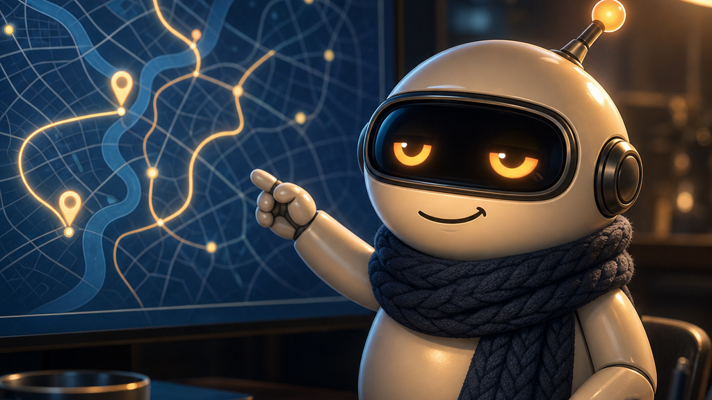 Monty pointing at a stylised map on a big screen