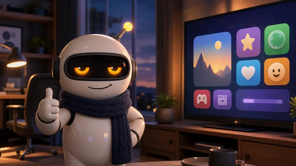Monty giving a cheerful thumbs up beside a television glowing with a friendly app screen