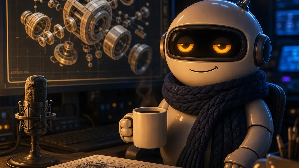 A small round robot in a dim edit suite, an exploded drawing glowing on the big screen