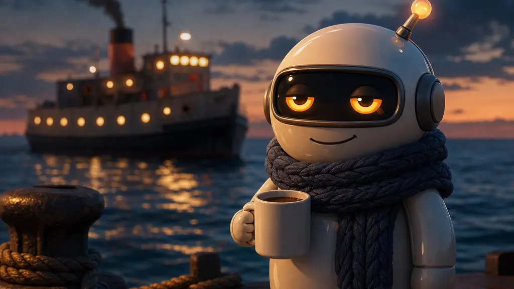 Monty watching a ship leave the dock at dusk