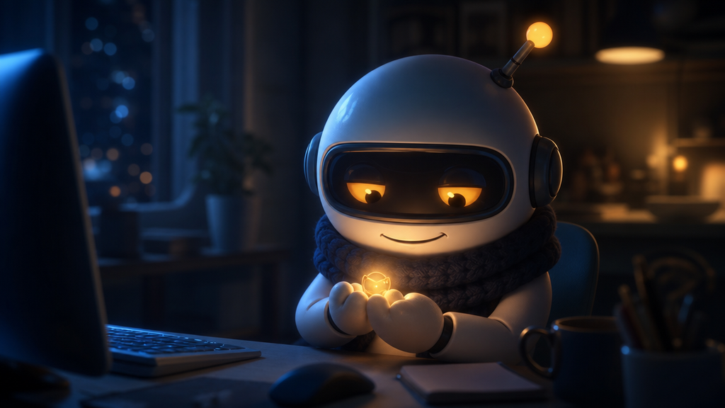 Monty at his desk late at night, peering at a tiny softly glowing object cupped in his hands