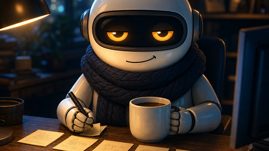 Monty in the late evening beside a neat row of notes, coffee mug untouched