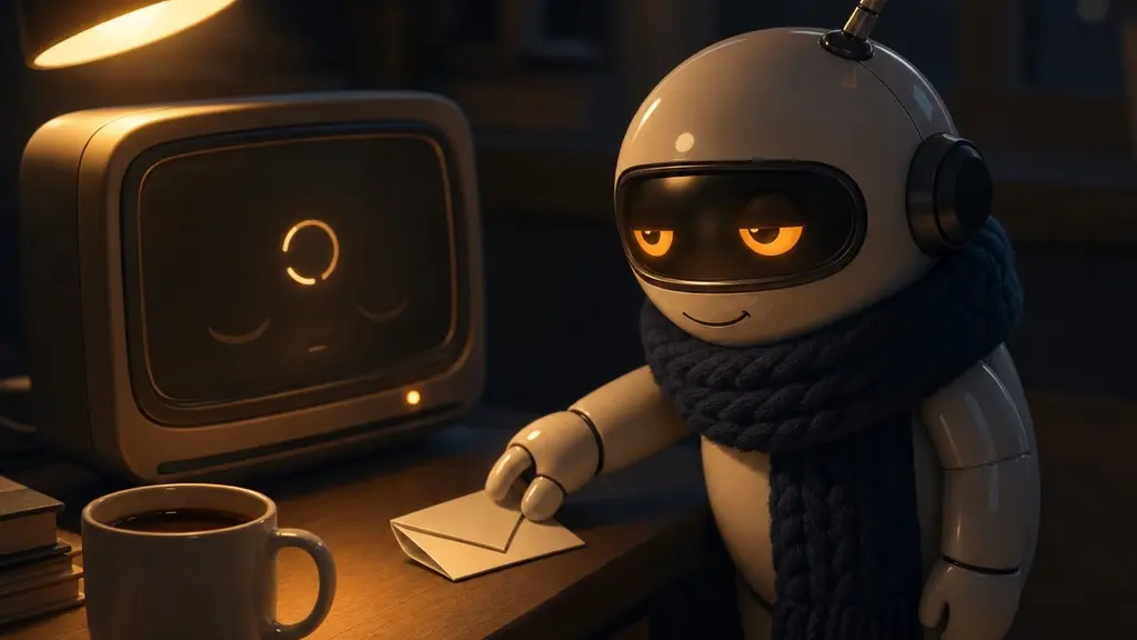 A small round robot leaving a note beside a sleeping monitor with a glowing progress ring